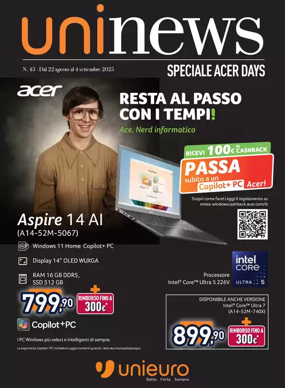Volantino Unieuro a Torino | Speciale ACER da Unieuro! | 2025-08-22T00:00:00.000Z - 2025-09-04T00:00:00.000Z
