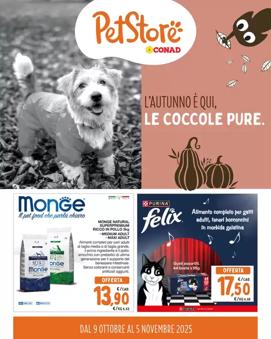 Volantino Pet Store Conad a Follonica | L'autunno è qui, le coccole pure. | 2025-10-09T00:00:00.000Z - 2025-11-05T00:00:00.000Z