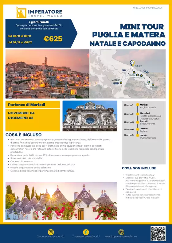 Volantino Imperatore Viaggi a Trezzo sull'Adda | Mini Tour Puglia e Matera | 2025-10-08T00:00:00.000Z - 2025-12-06T00:00:00.000Z