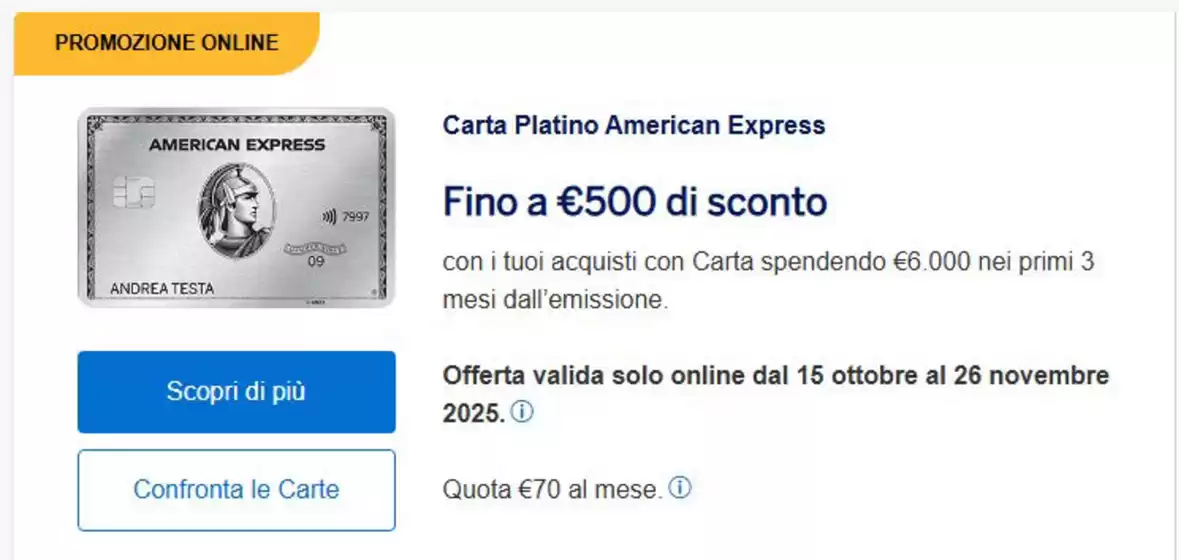 Volantino American Express a Perugia | Promozione online  | 2025-10-15T00:00:00.000Z - 2025-11-26T00:00:00.000Z
