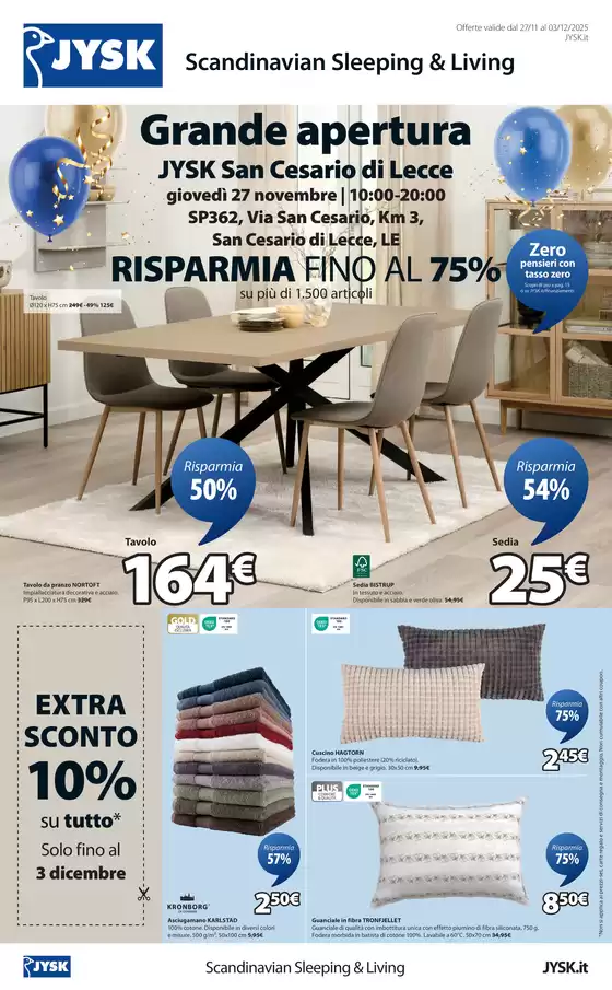 Volantino JYSK a Lamezia Terme | Grande apertura - San Cesario di Lecce | 2025-11-17T00:00:00.000Z - 2025-11-30T00:00:00.000Z