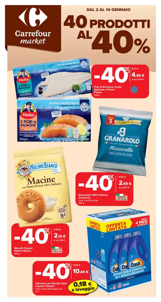 Volantino Carrefour Market | 40 prodotti al 40% | 2026-01-02T00:00:00.000Z - 2026-01-14T00:00:00.000Z