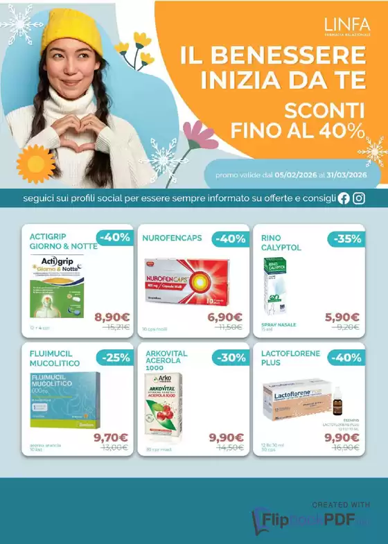 Volantino Linfa Farmacie a Ascea | Il benessere inizia da ta sconti fino al 40% | 2026-02-05T00:00:00.000Z - 2026-03-31T00:00:00.000Z