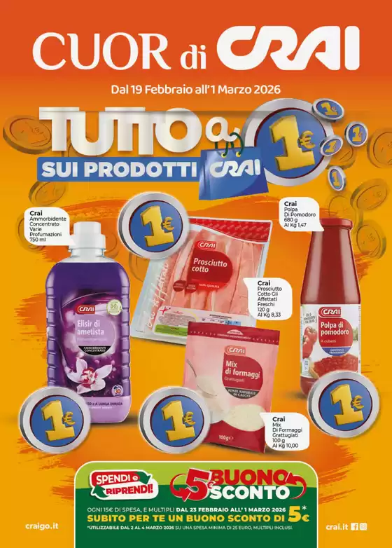 Volantino Crai a Lentini | tutto a 1 euro su prodotti crai | 2026-02-19T00:00:00.000Z - 2026-03-01T00:00:00.000Z