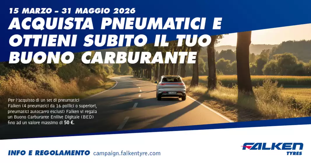 Volantino Trovagomme a Sarzana | Acquista pneumatici e ottieni subito il tuo buono carburante | 2026-03-18T00:00:00.000Z - 2026-05-31T00:00:00.000Z
