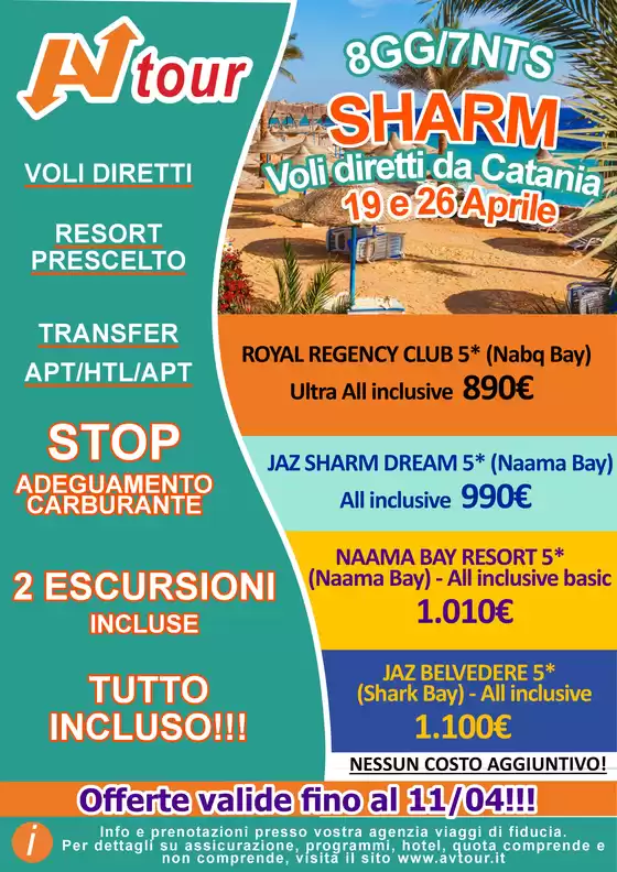 Volantino Av Tour a Milano | SUPER PROMO 19 E 26 APRILE SHARM | 2026-04-01T00:00:00.000Z - 2026-04-11T00:00:00.000Z