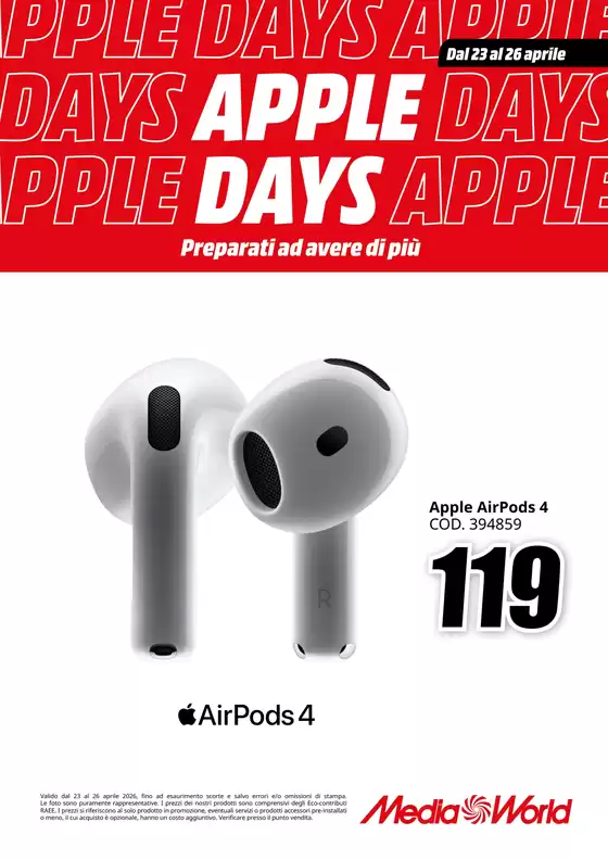Volantino MediaWorld | Apple days | 2026-04-23T00:00:00.000Z - 2026-04-26T00:00:00.000Z