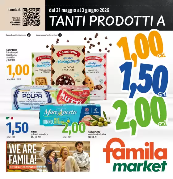 Volantino Famila Market a Pieve di Bono-Prezzo | Tanti prodotti a 1,00 1,50 2,00 | 2026-05-21T00:00:00.000Z - 2026-06-03T00:00:00.000Z