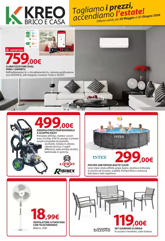 Volantino Kreo Brico e Casa | Tagliamo i prezzi accendiamo l'estate! | 2026-05-21T00:00:00.000Z - 2026-06-21T00:00:00.000Z
