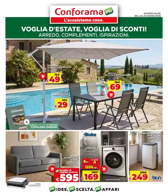 Volantino Conforama | Voglia d'estate, voglia di sconti! | 2026-06-04T00:00:00.000Z - 2026-06-21T00:00:00.000Z