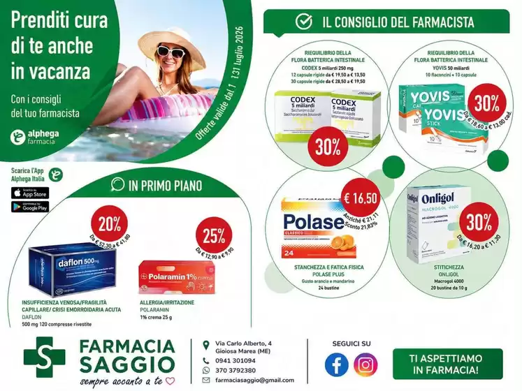 Volantino Farmacia Saggio | Prenditi cura di te anche in vacanza | 2026-07-01T00:00:00.000Z - 2026-07-31T00:00:00.000Z