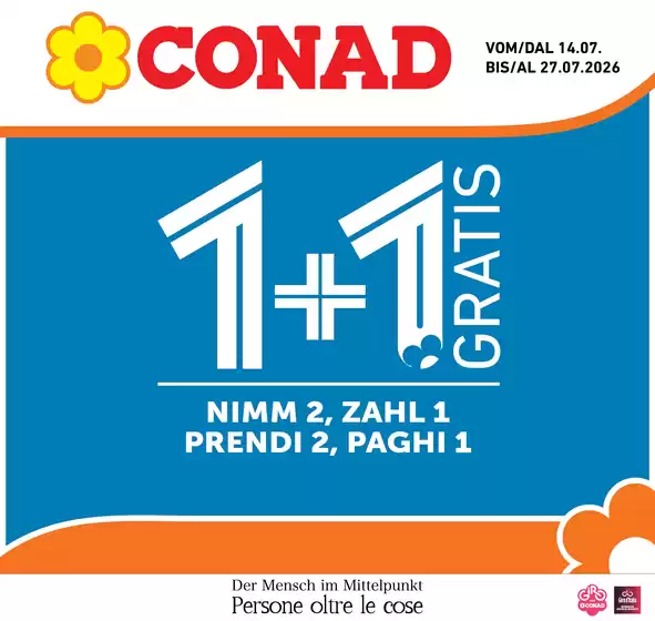 Volantino Conad | 1+1 gratis | 2026-07-14T00:00:00.000Z - 2026-07-27T00:00:00.000Z