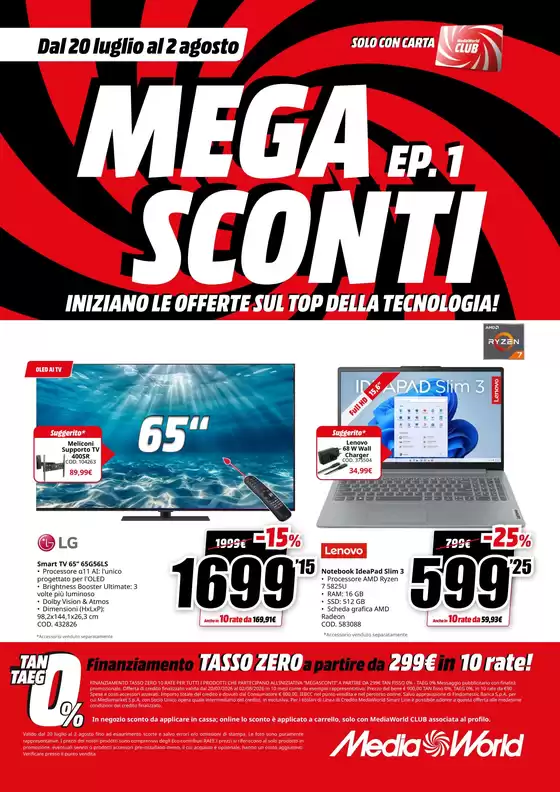 Volantino MediaWorld a Villagrande Strisaili | Mega sconti ep.1 | 2026-07-20T00:00:00.000Z - 2026-08-02T00:00:00.000Z