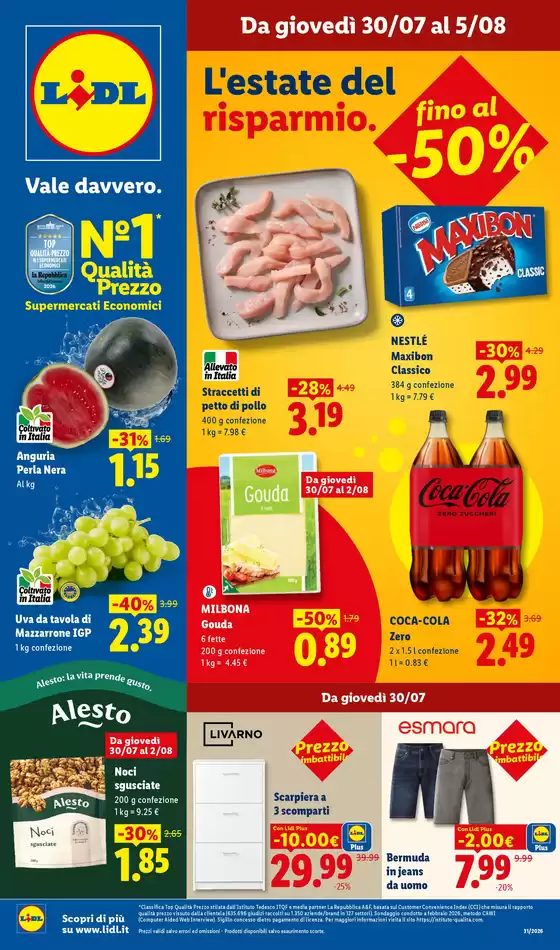 Volantino Lidl | L'estate del risparmio. Fino al -50% | 2026-07-30T00:00:00.000Z - 2026-08-05T00:00:00.000Z