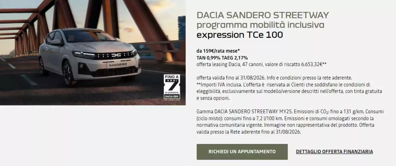 Volantino Dacia a Lerici | Dacia Sandero streetway programma mobilita inclusiva | 2026-08-03T00:00:00.000Z - 2026-08-31T00:00:00.000Z