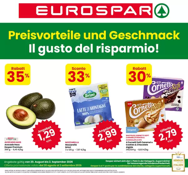 Volantino Eurospar a Castelrotto | Il gusto del risparmio! | 2026-08-20T00:00:00.000Z - 2026-09-02T00:00:00.000Z