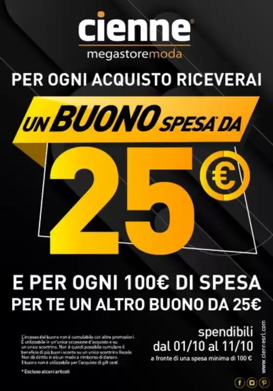 Volantino Cienne Megastore Moda | Un buono spesa'da | 2026-08-27T00:00:00.000Z - 2026-10-11T00:00:00.000Z