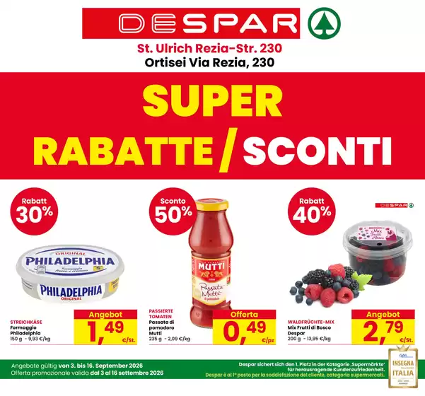 Volantino Despar a Renon | Super sconti | 2026-09-03T00:00:00.000Z - 2026-09-16T00:00:00.000Z