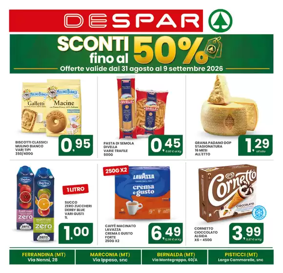 Volantino Despar a Bernalda | Sconti fino al 50% | 2026-08-31T00:00:00.000Z - 2026-09-09T00:00:00.000Z