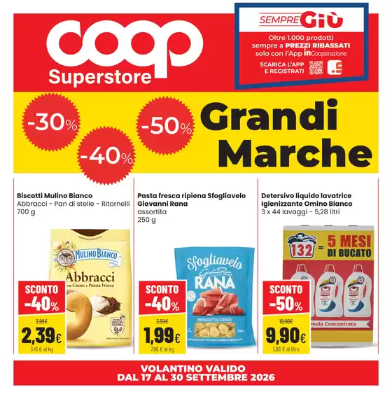 Volantino Superstore Coop a Castelvetro di Modena | 30% 40% 50% Grandi Marche | 2026-09-17T00:00:00.000Z - 2026-09-30T00:00:00.000Z