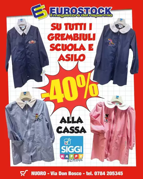Volantino Eurostock | Su tutti i grembiuli scuola e asilo -40% | 2026-09-28T00:00:00.000Z - 2026-09-30T00:00:00.000Z