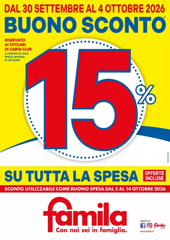 Volantino Famila | BUONO SCONTO 15% | 2026-10-01T00:00:00.000Z - 2026-10-04T00:00:00.000Z